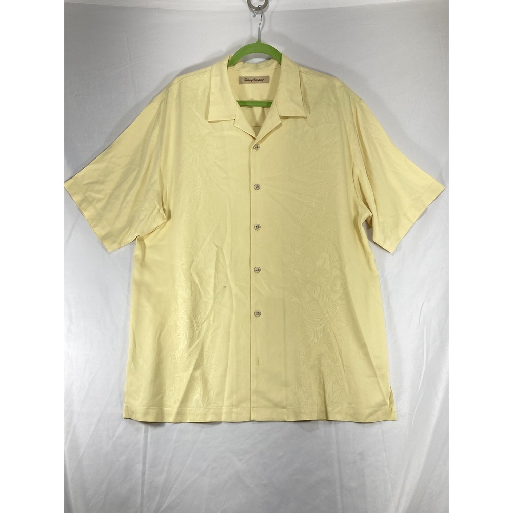 Tommy Bahama Solid Yellow w/Embossed Palm Trees 100% Silk Hawaiian Shirt Size L